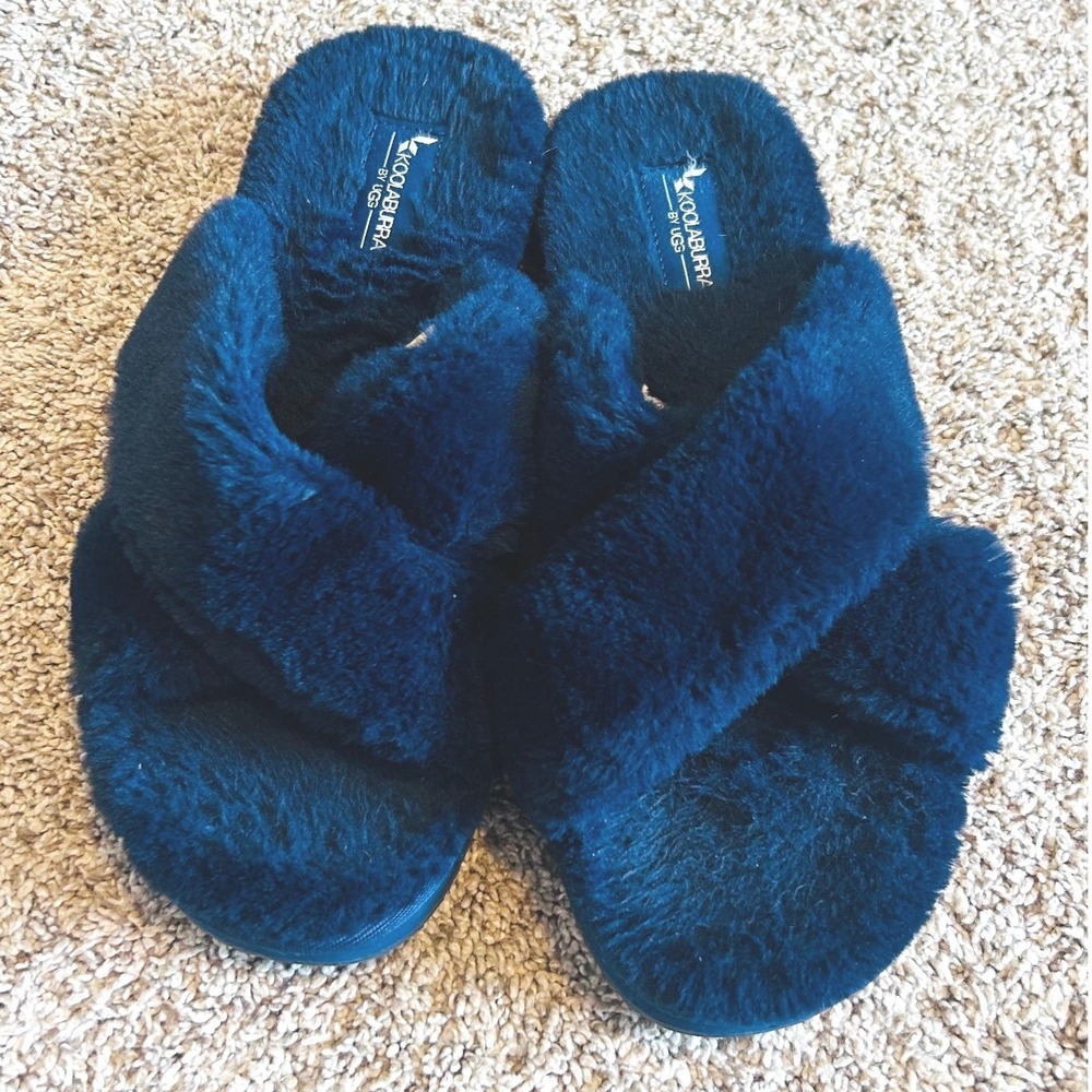 Koolaburra by UGG Fuzz-Oh Navy Blue Faux Fur Slide Slippers Cozy SZ 9